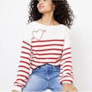 LOFT Petites Love Struck Heart ❤️ Stripe Sweater White Red XXSP